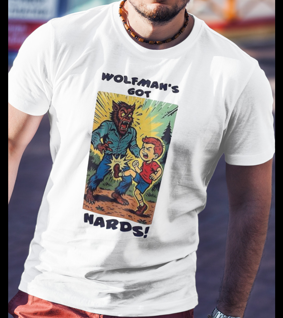 Wolfman’s Got Nards Vintage Comic Style Kid Kicking Wolfman T-Shirt