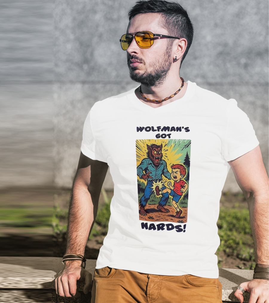 Wolfman’s Got Nards Vintage Comic Style Kid Kicking Wolfman T-Shirt