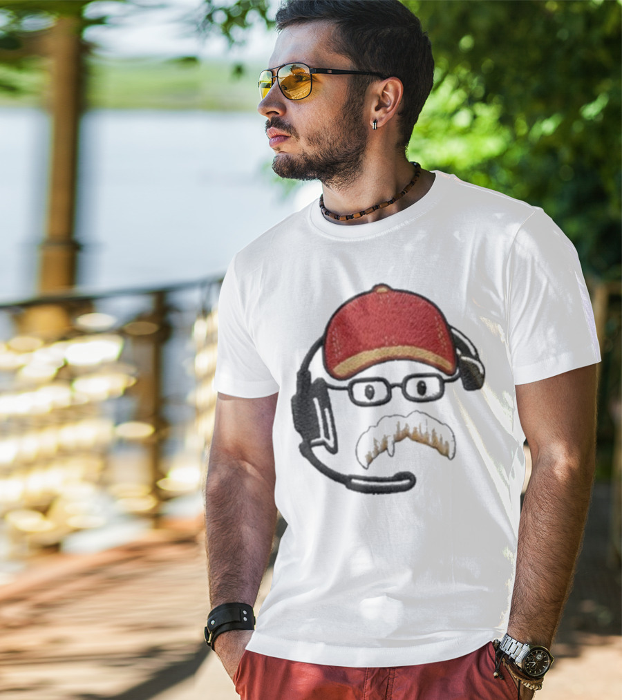 Andy Reid Kansas City Chiefs Coach Embroidered Patch Style With Red Cap And Headset T-Shirt