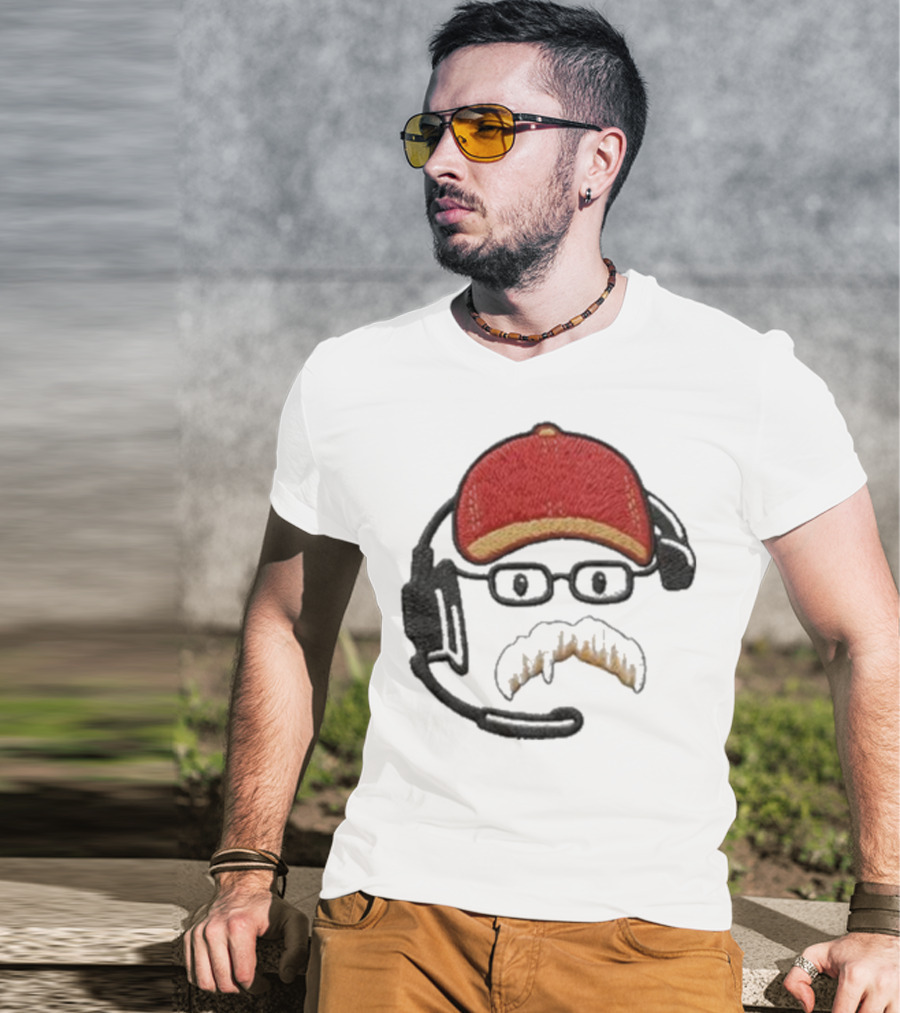 Andy Reid Kansas City Chiefs Coach Embroidered Patch Style With Red Cap And Headset T-Shirt