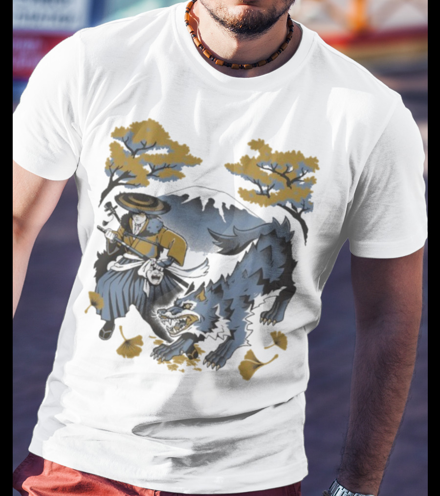 Ghost Of Yotei The Hunters Ukiyo-e Warrior With Wolf Mythical Scene T-Shirt