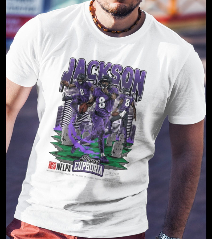 Lamar Jackson NFLPA Planet Euphoria Purple Football Action T-Shirt