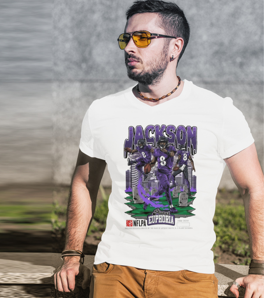 Lamar Jackson NFLPA Planet Euphoria Purple Football Action T-Shirt