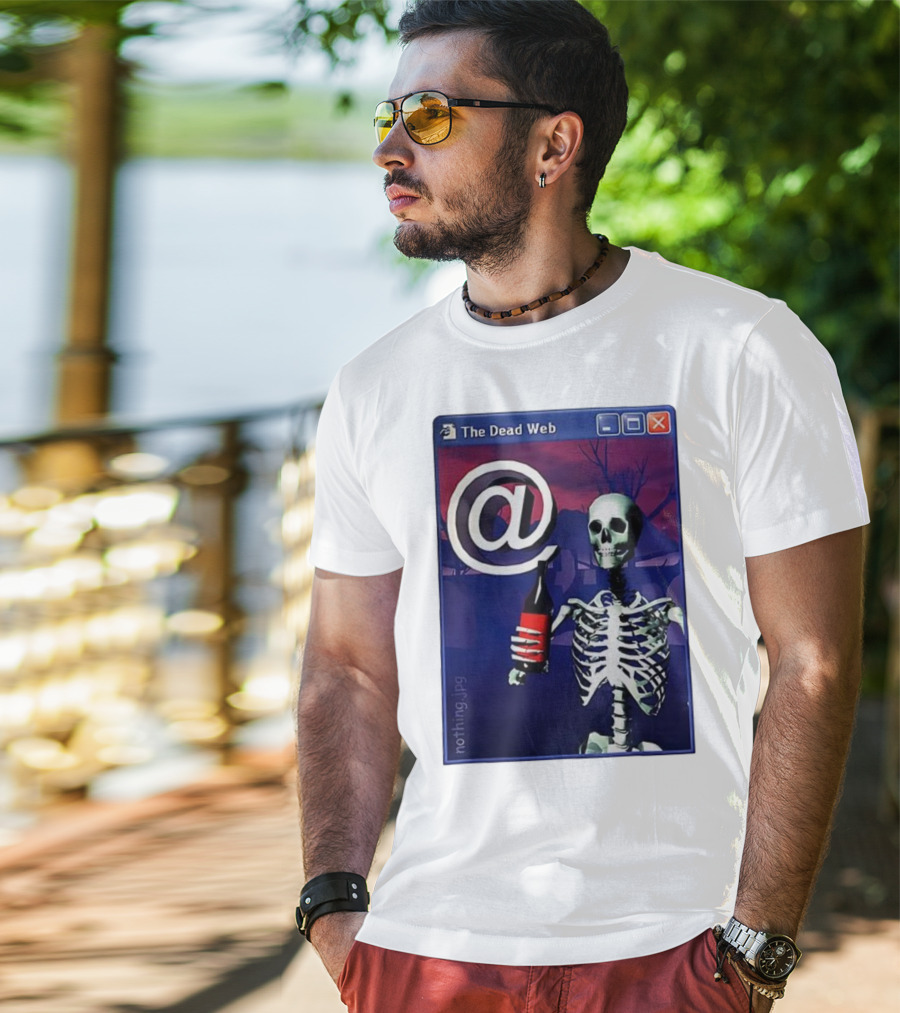 The Dead Web Skeleton With At Symbol And Bottle In Windows Frame Nothing.jpg T-Shirt