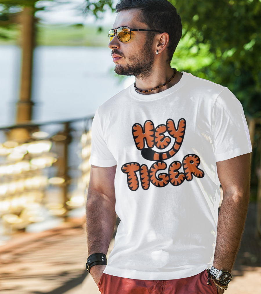 Cincinnati Bengals Hey Tiger Striped Bubble Letter Tiger Tail Pattern T-Shirt
