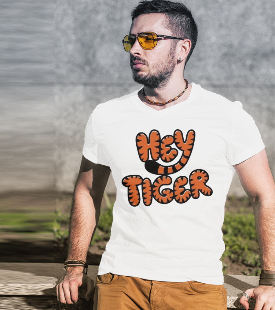 Cincinnati Bengals Hey Tiger Striped Bubble Letter Tiger Tail Pattern T-Shirt