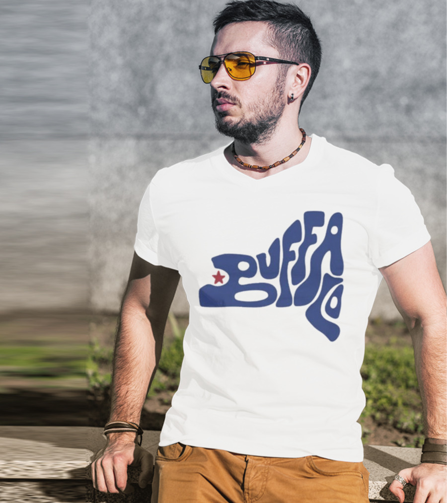 Funky Buffalo Retro Psychedelic Typography With Red Star T-Shirt