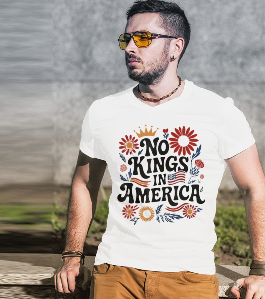 No King In America Floral American Flag 4th Of July No Kings T-Shirt