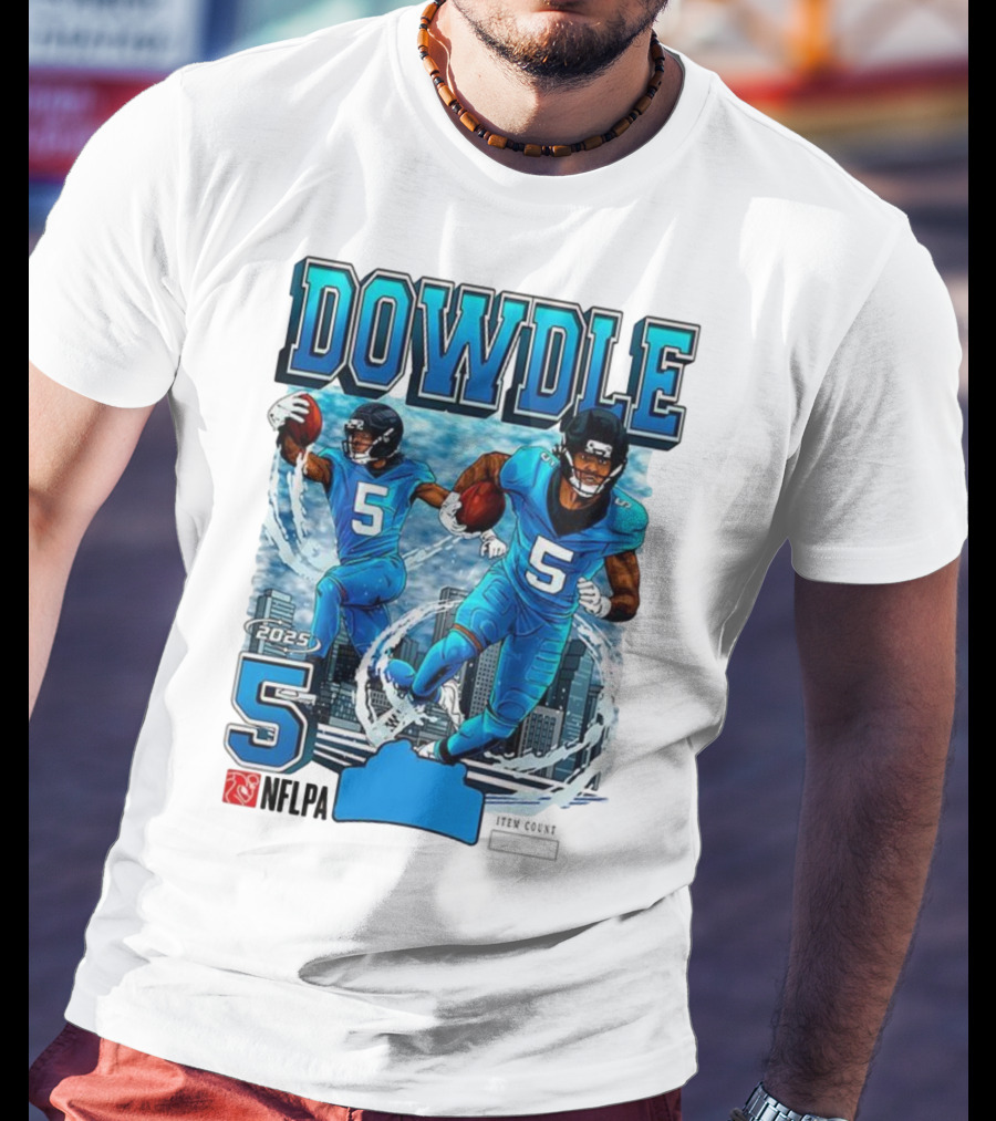 Rico Dowdle Carolina Panthers 2025 Number 5 Skyline NFLPA T-Shirt
