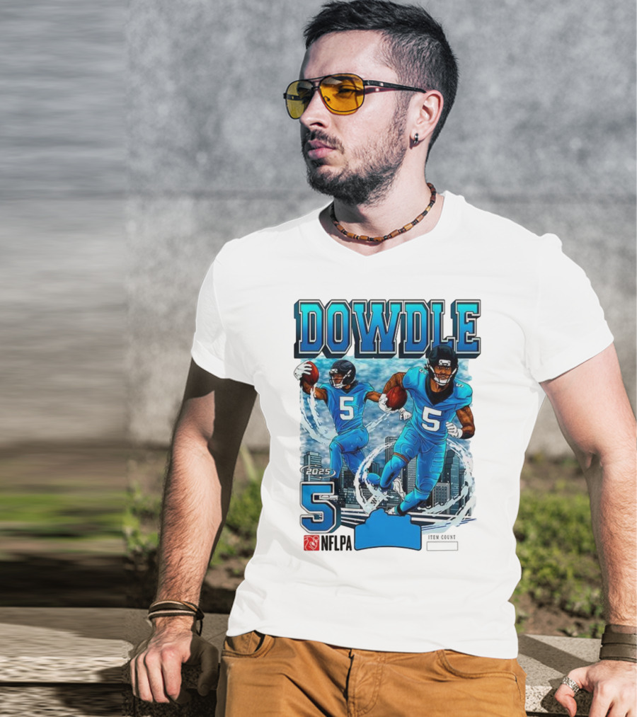 Rico Dowdle Carolina Panthers 2025 Number 5 Skyline NFLPA T-Shirt