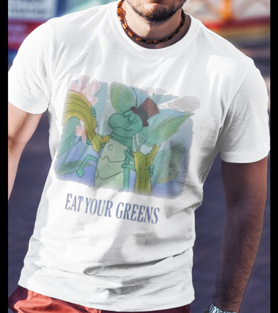 Eat Your Greens Cartoon Grasshopper Top Hat Celery Art T-Shirt