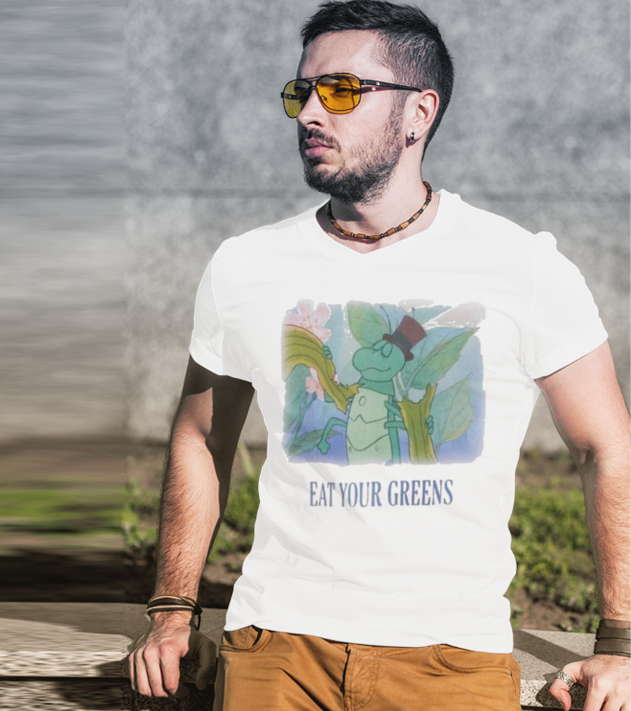 Eat Your Greens Cartoon Grasshopper Top Hat Celery Art T-Shirt