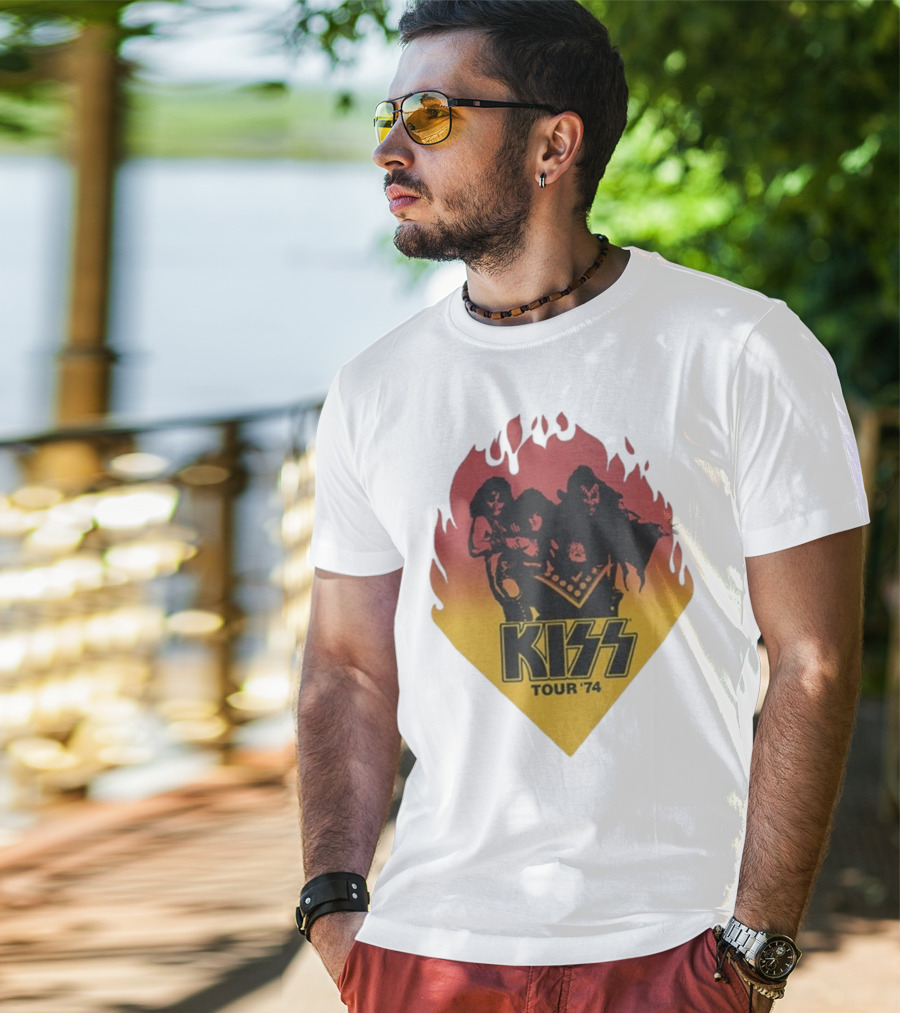 Kiss Tour ’74 Fire Logo Midday Sun Band Members T-Shirt