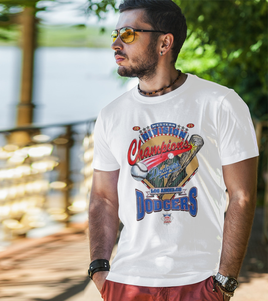 Los Angeles Dodgers 2025 Western Division Champions Baseball Bat And Ball T-Shirt