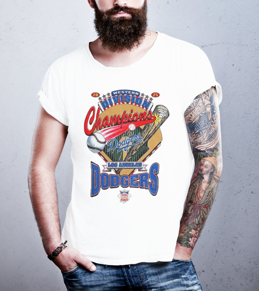 Los Angeles Dodgers 2025 Western Division Champions Baseball Bat And Ball T-Shirt