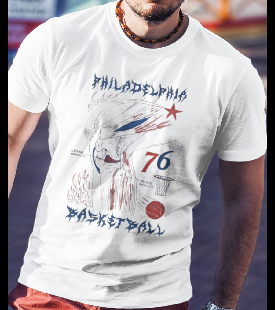 Philadelphia Basketball Red Blue Artistic 76 Star Knee Sketch T-Shirt