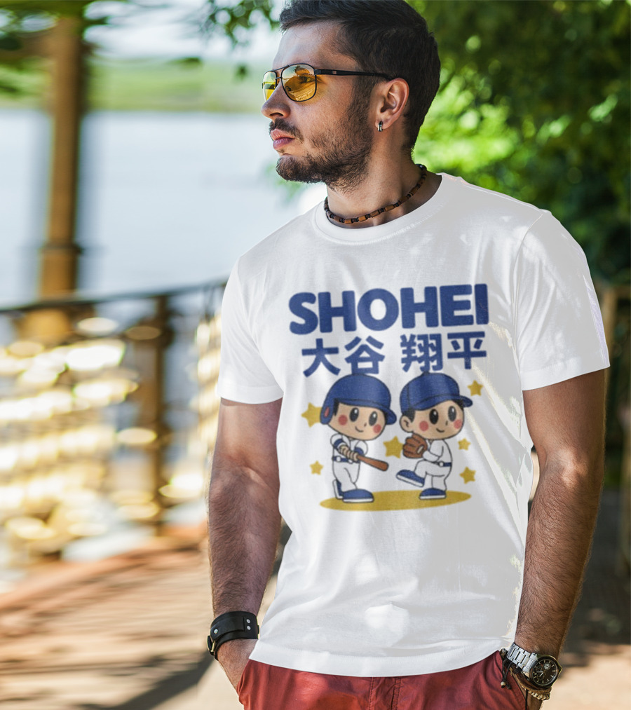 Shohei Ohtani Cartoon Baseball MLB Anime Style Kanji Stars T-Shirt