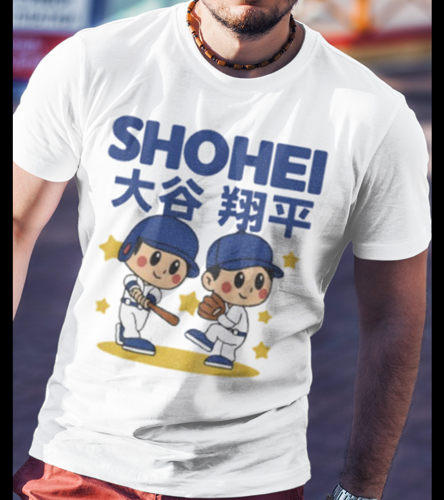Shohei Ohtani Cartoon Baseball MLB Anime Style Kanji Stars T-Shirt