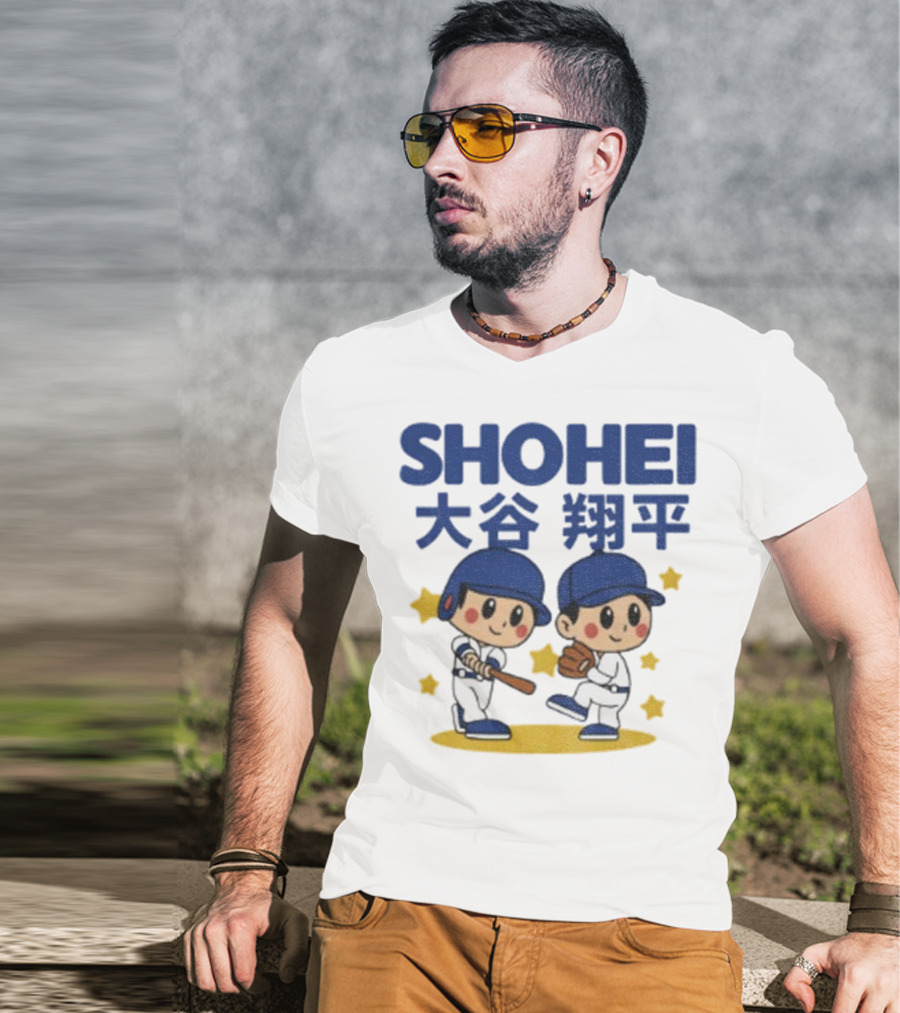 Shohei Ohtani Cartoon Baseball MLB Anime Style Kanji Stars T-Shirt