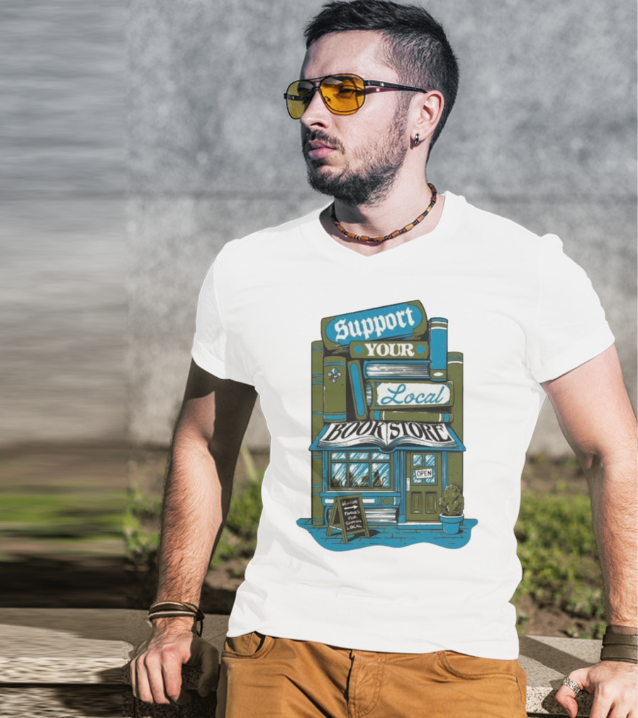 Support Your Local Bookstore Open Vintage Bookshelf Design T-Shirt