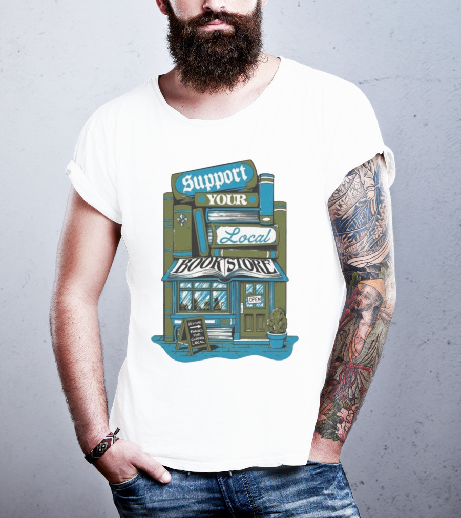 Support Your Local Bookstore Open Vintage Bookshelf Design T-Shirt