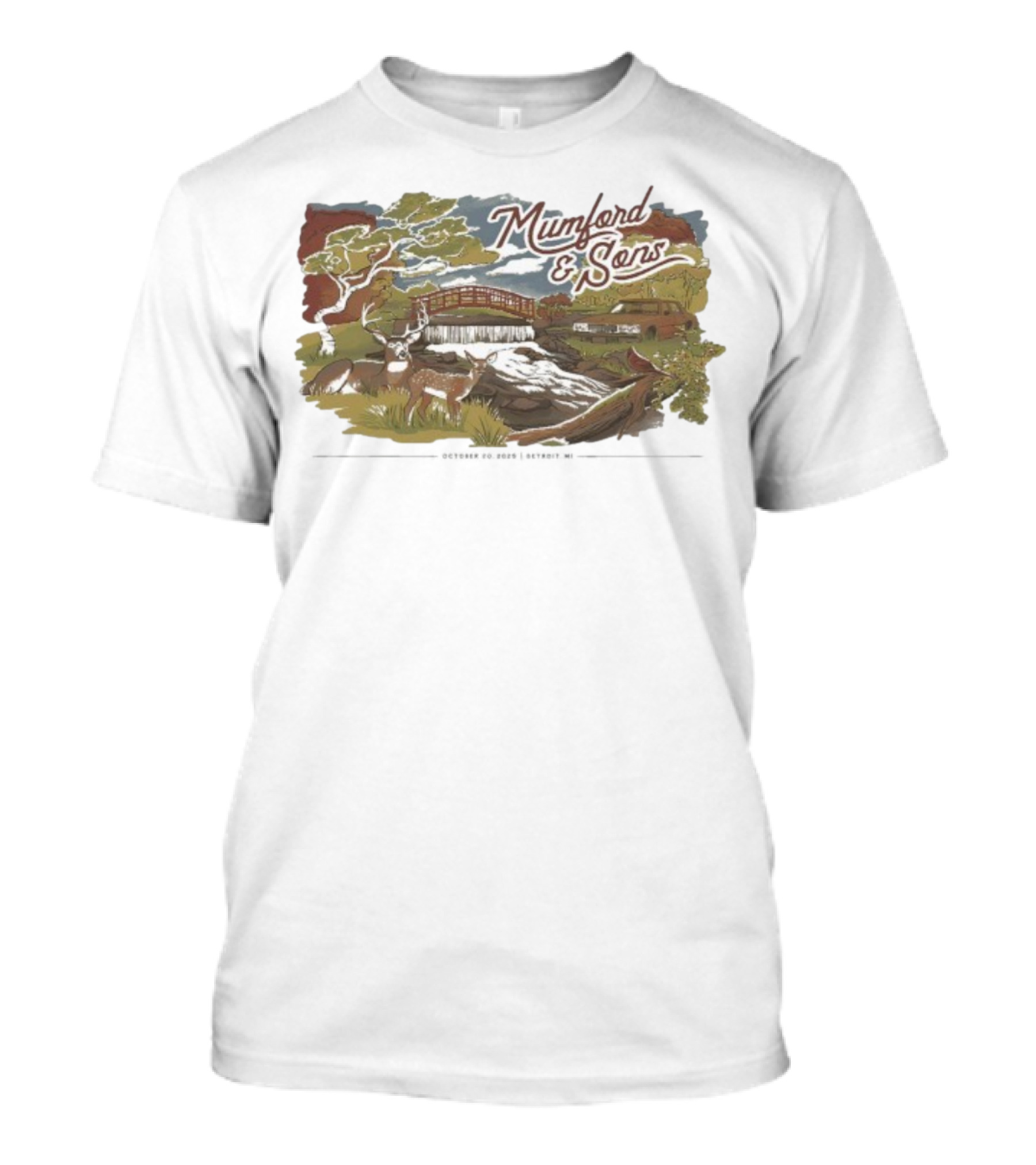 Mumford & Sons Little Caesars Arena Detroit MI October 20 2025 Deers Bridge And Stream Scene T-Shirt