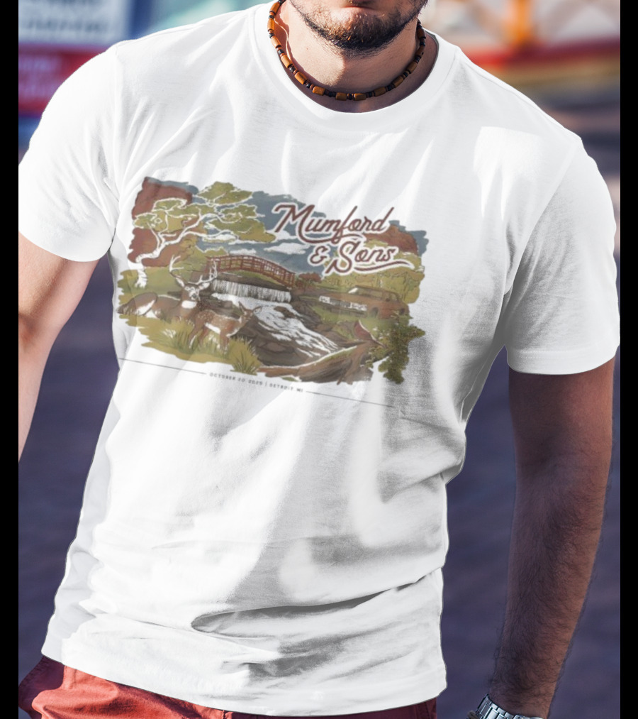 Mumford & Sons Little Caesars Arena Detroit MI October 20 2025 Deers Bridge And Stream Scene T-Shirt