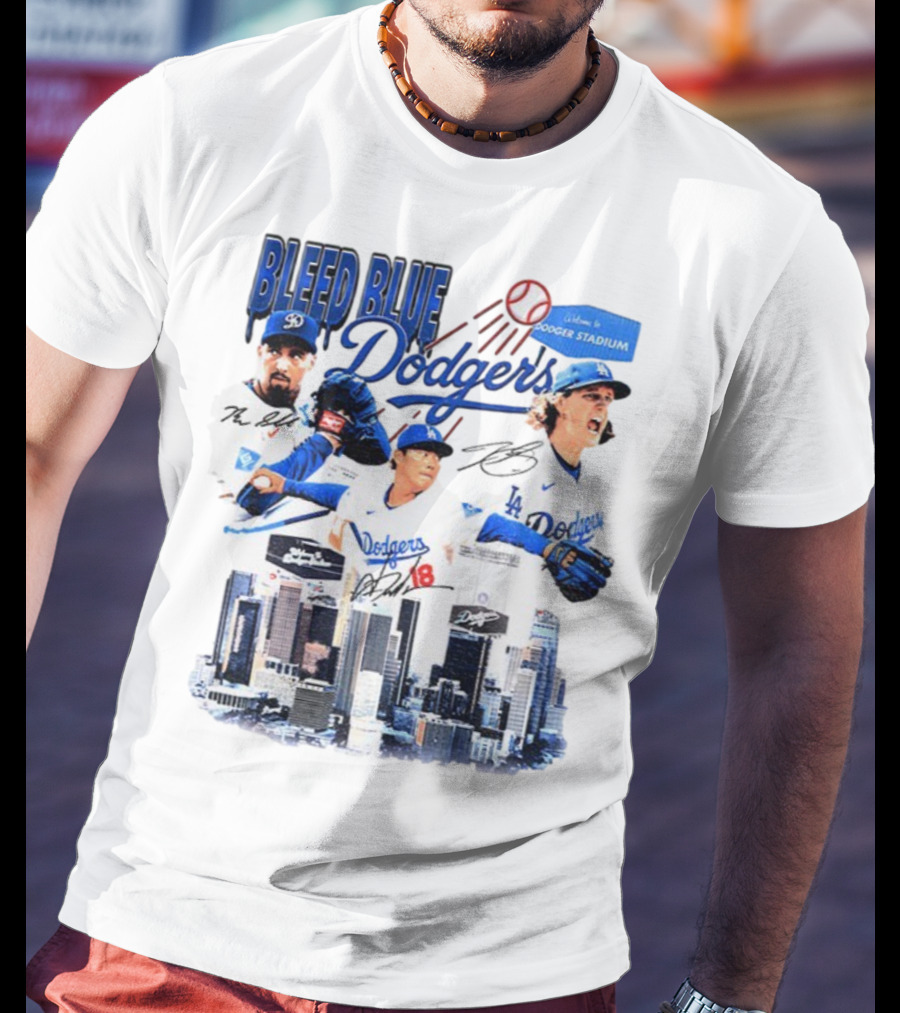 Bleed Blue Dodgers Shohei Ohtani Mookie Betts Yoshinobu Yamamoto Los Angeles Signatures Dodger Stadium T-Shirt