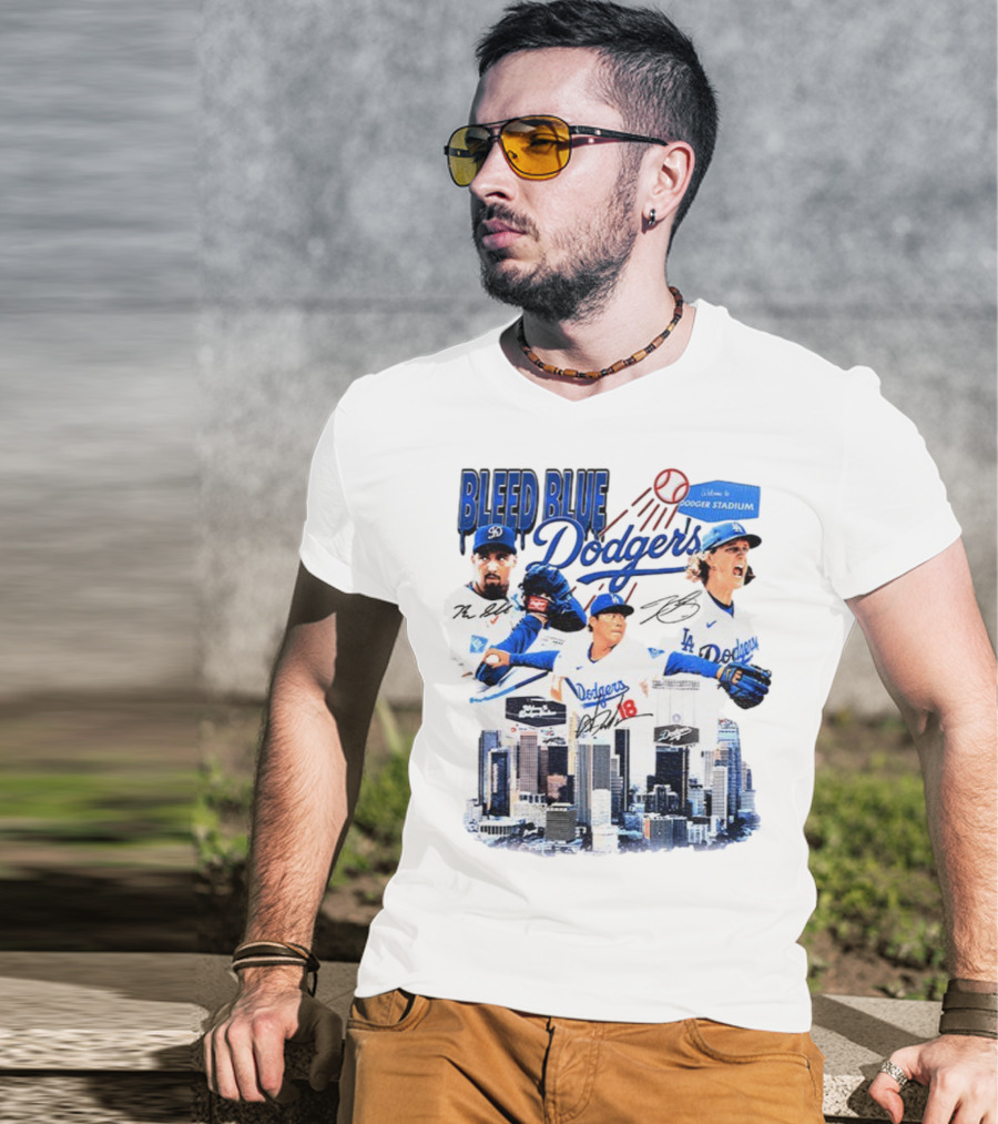 Bleed Blue Dodgers Shohei Ohtani Mookie Betts Yoshinobu Yamamoto Los Angeles Signatures Dodger Stadium T-Shirt