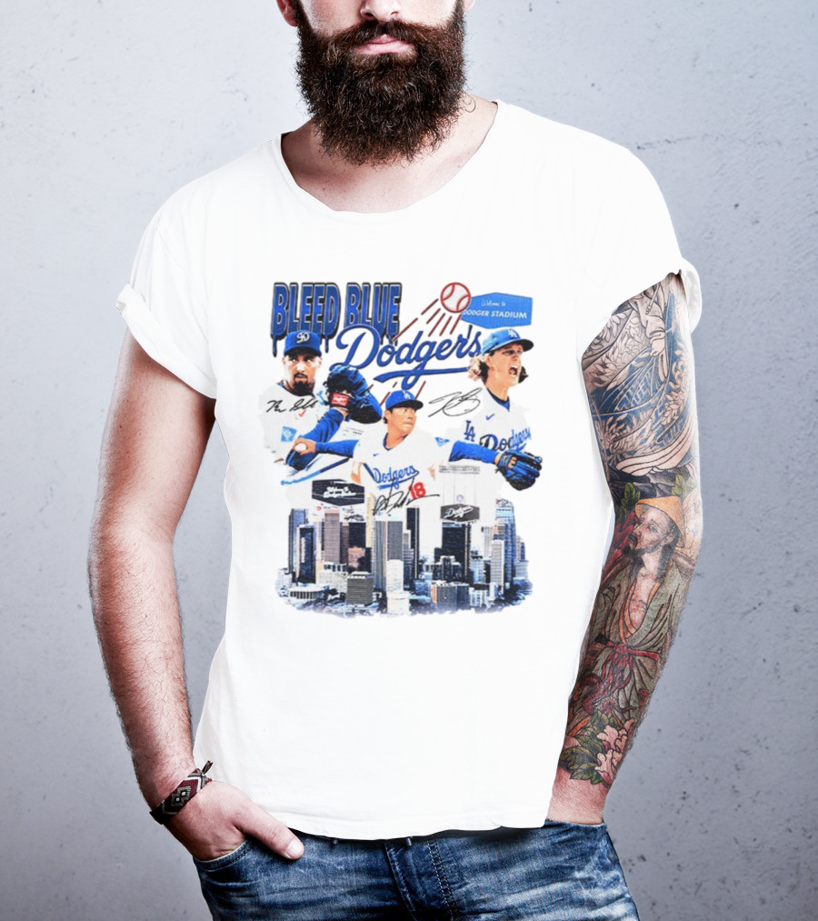 Bleed Blue Dodgers Shohei Ohtani Mookie Betts Yoshinobu Yamamoto Los Angeles Signatures Dodger Stadium T-Shirt