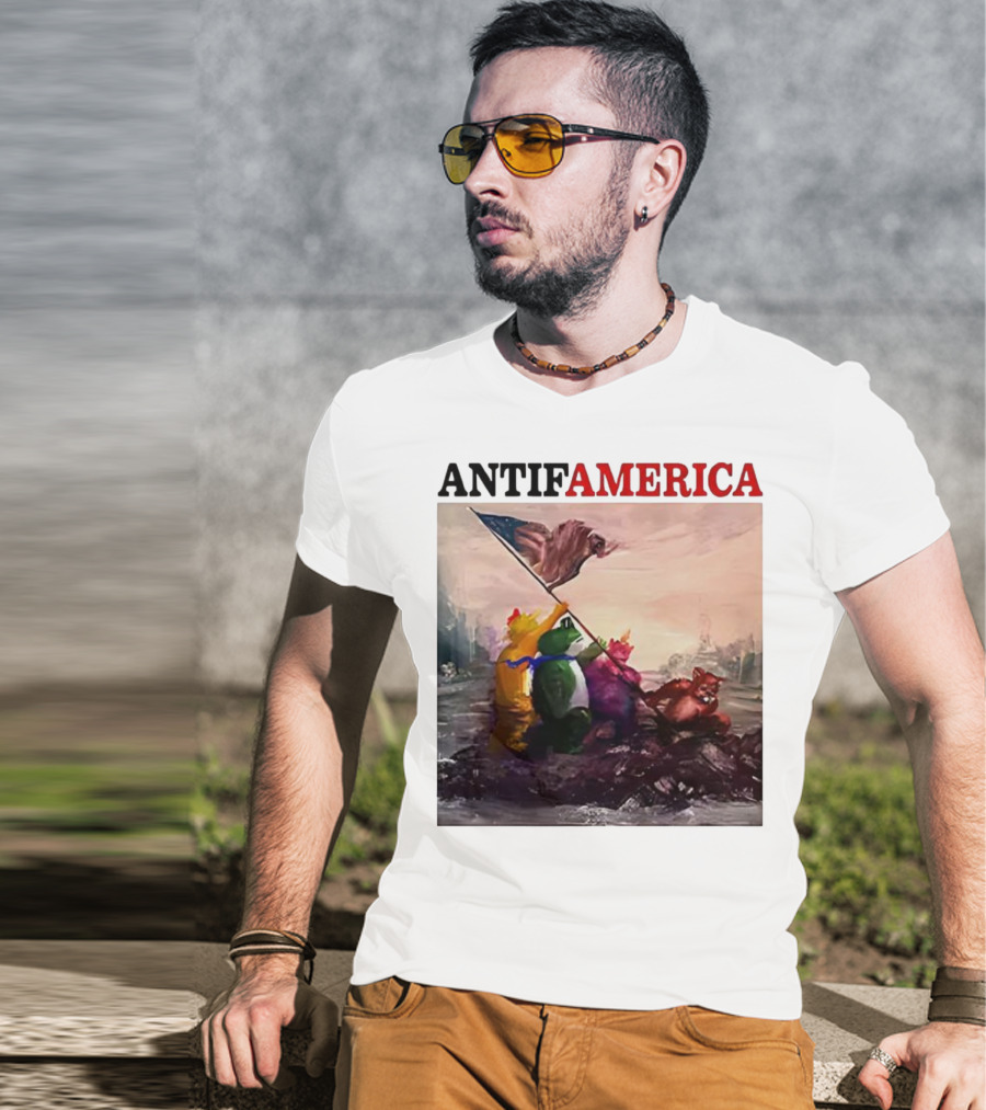 Antifamerica Portland Frog Parody Of Iconic Historical Scene With Bold Characters And Flag T-Shirt