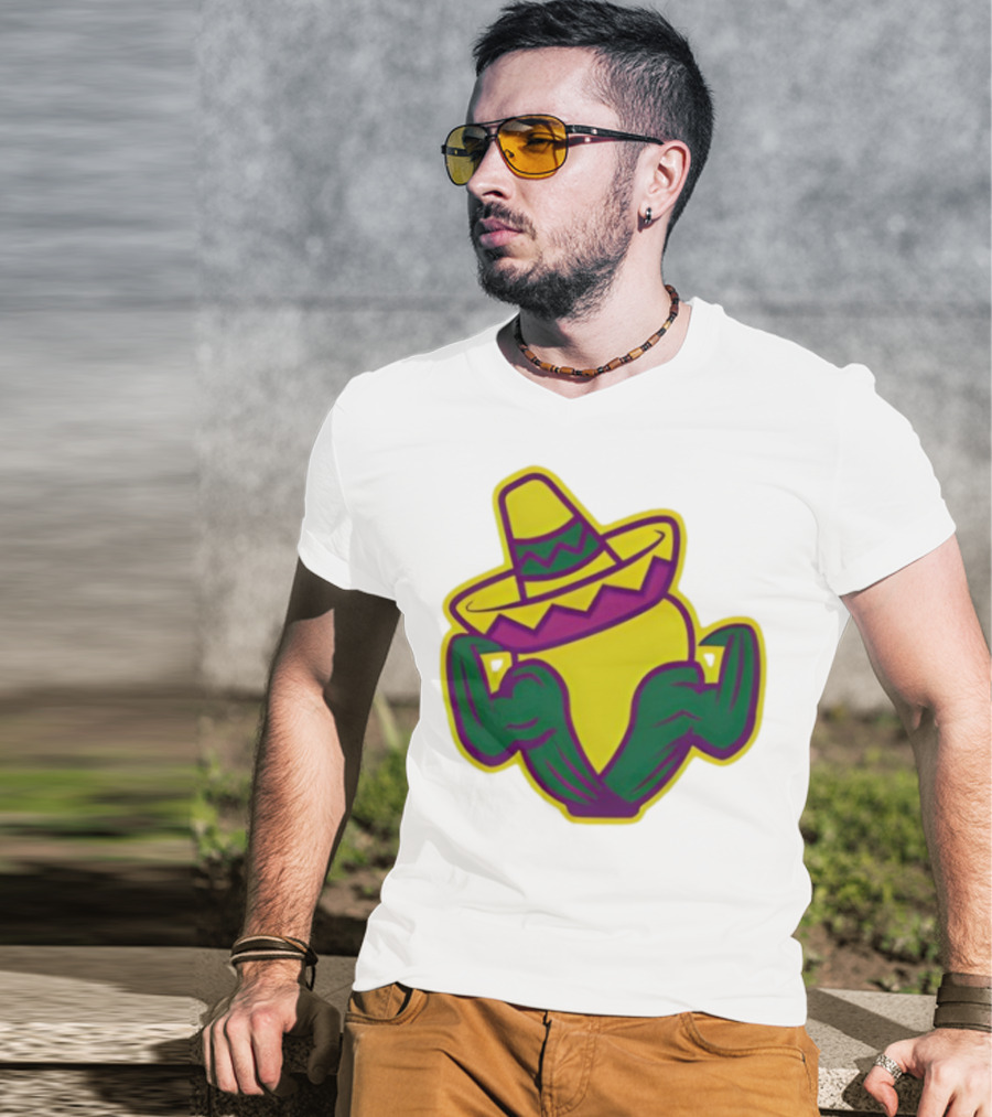 Cedar Rapids Kernels Corn Mascot In Sombrero Green And Yellow Design T-Shirt