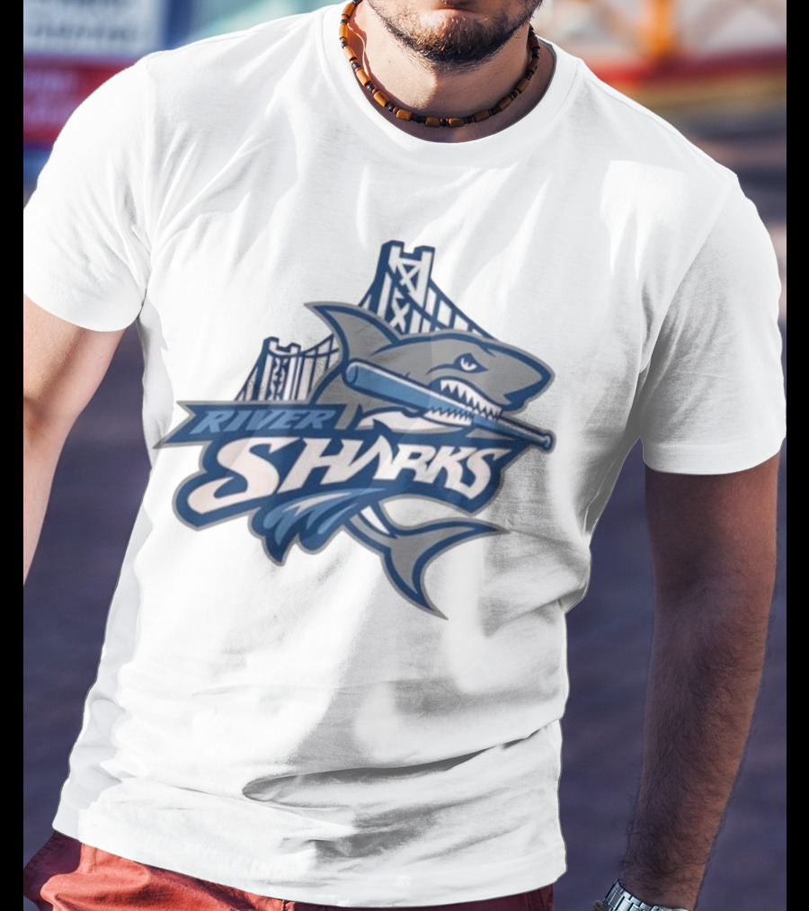 Camden Riversharks Baseball Team River Sharks Text With Shark And Bridge Imagery T-Shirt
