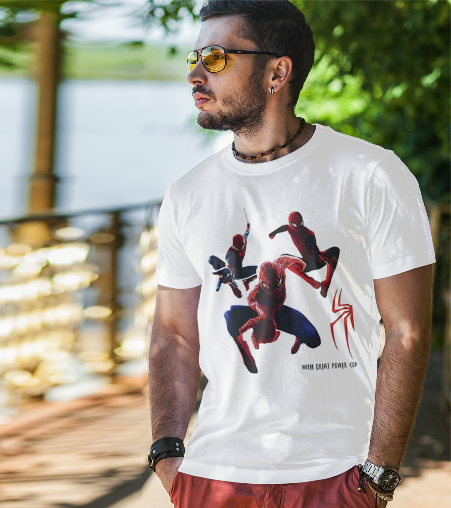 Spider Man Daily Bugle With Great Power Comes Great Responsibility Spider Logo Trio Suit Styles T-Shirt