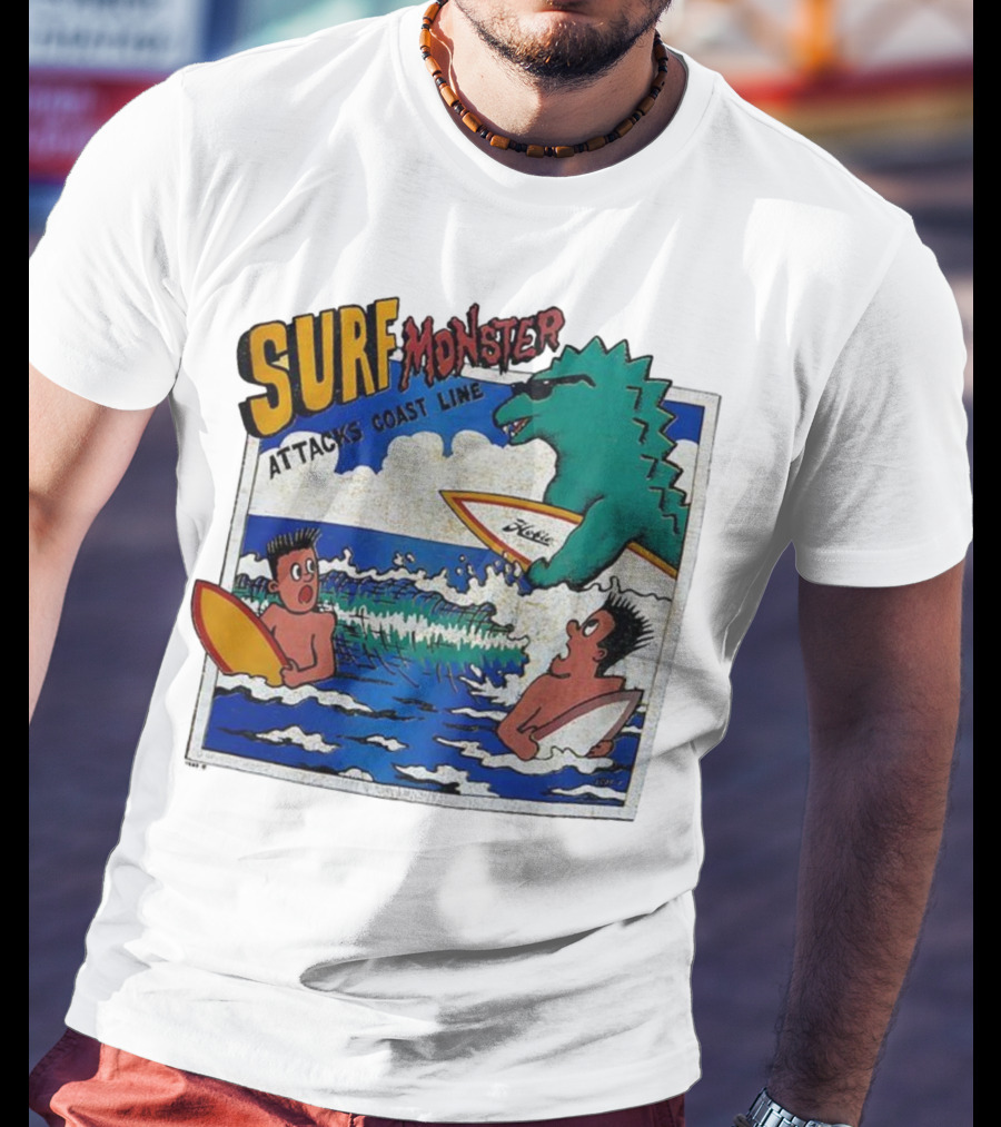 Surf Monster Attacks Coast Line Retro Comic Style Surfing Scene T-Shirt