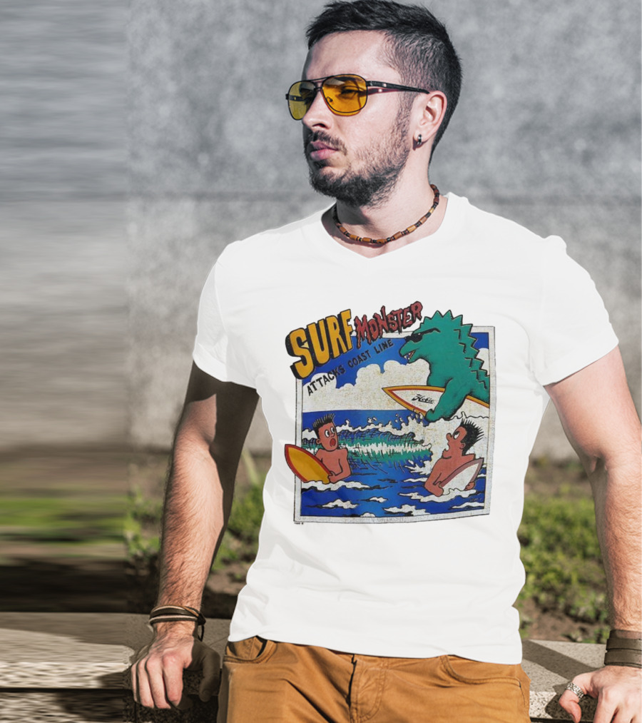 Surf Monster Attacks Coast Line Retro Comic Style Surfing Scene T-Shirt
