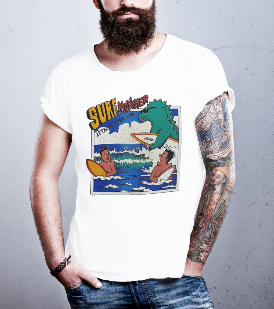 Surf Monster Attacks Coast Line Retro Comic Style Surfing Scene T-Shirt