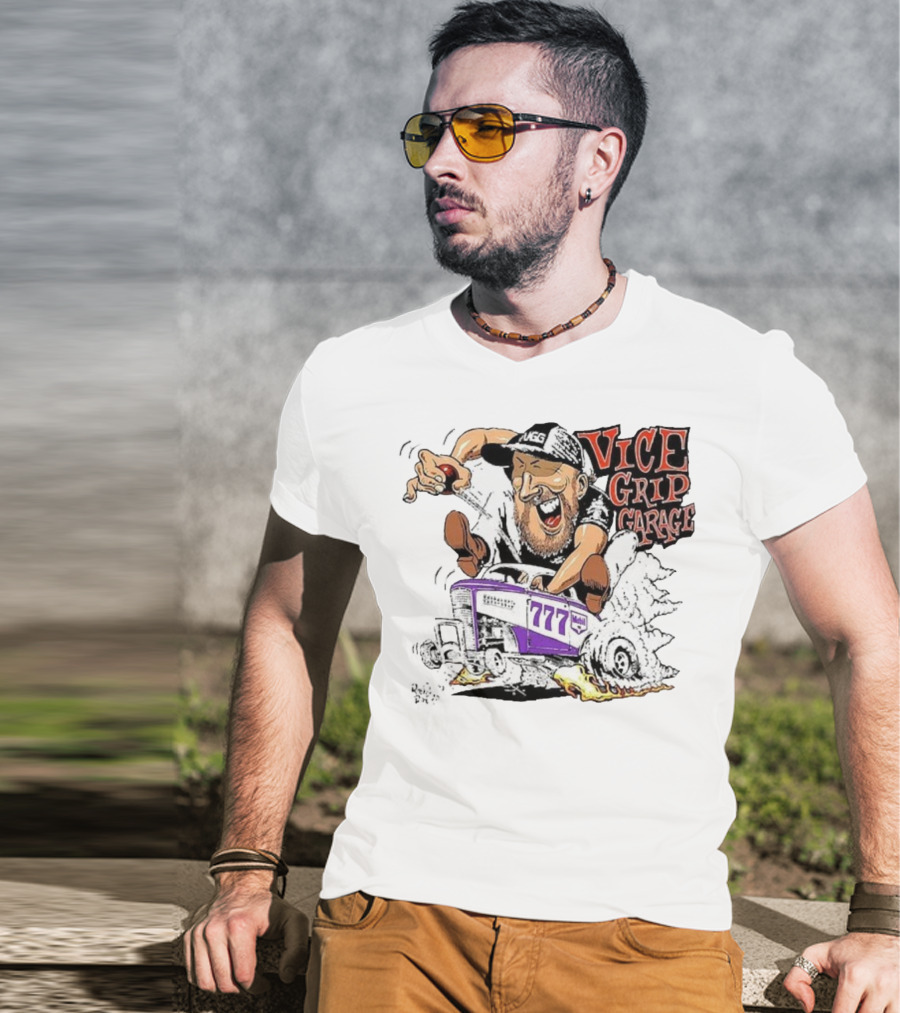 Vice Grip Garage 777 Cartoon Hot Rod Illustration With Bearded Driver And Smoking Tires T-Shirt