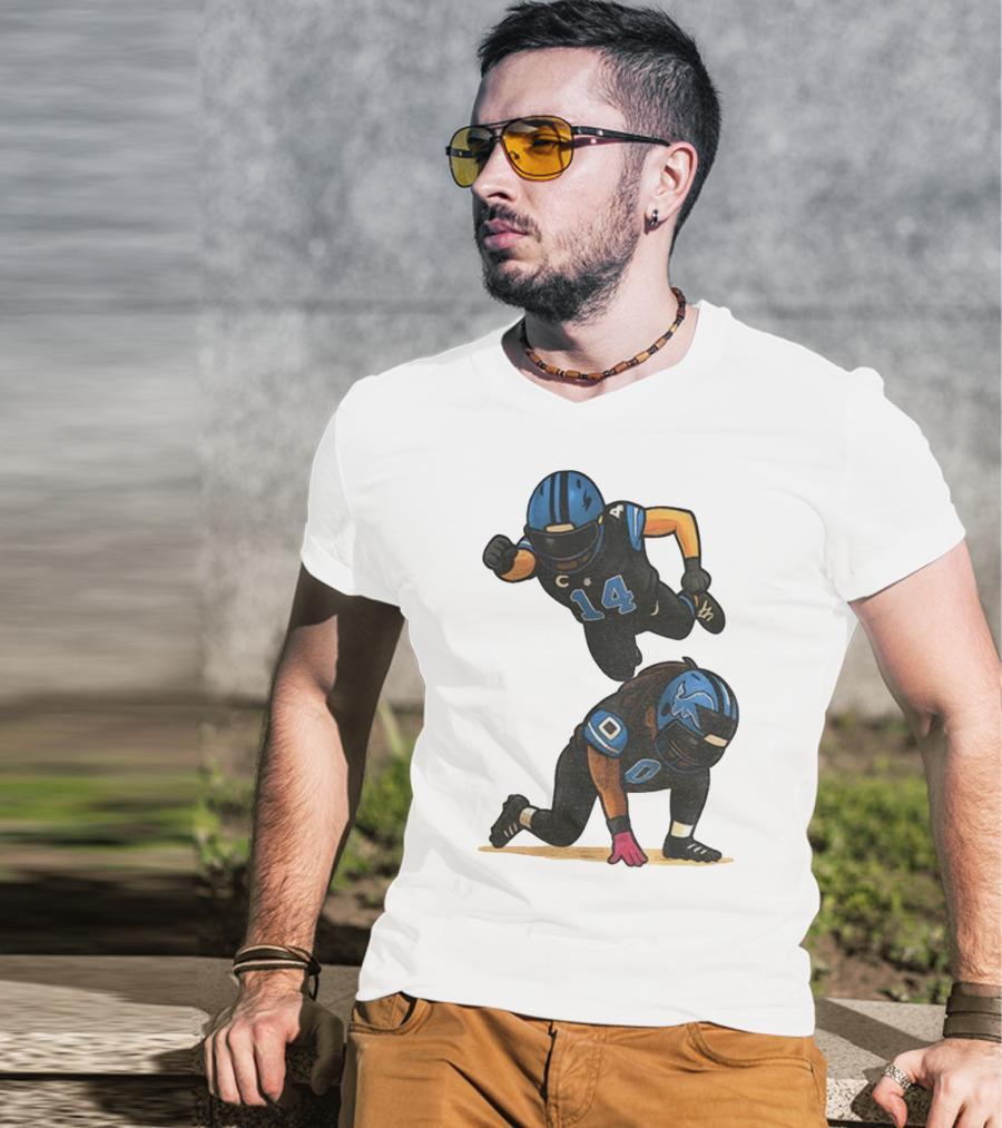 Amon Ra St. Brown Jahmyr Gibbs 14 00 Blue Black Football Celebration T-Shirt