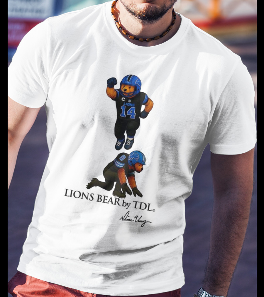 Amon-Ra St. Brown 14 Jahmyr Gibbs 0 Detroit Lions Bear Celebrating Football T-Shirt