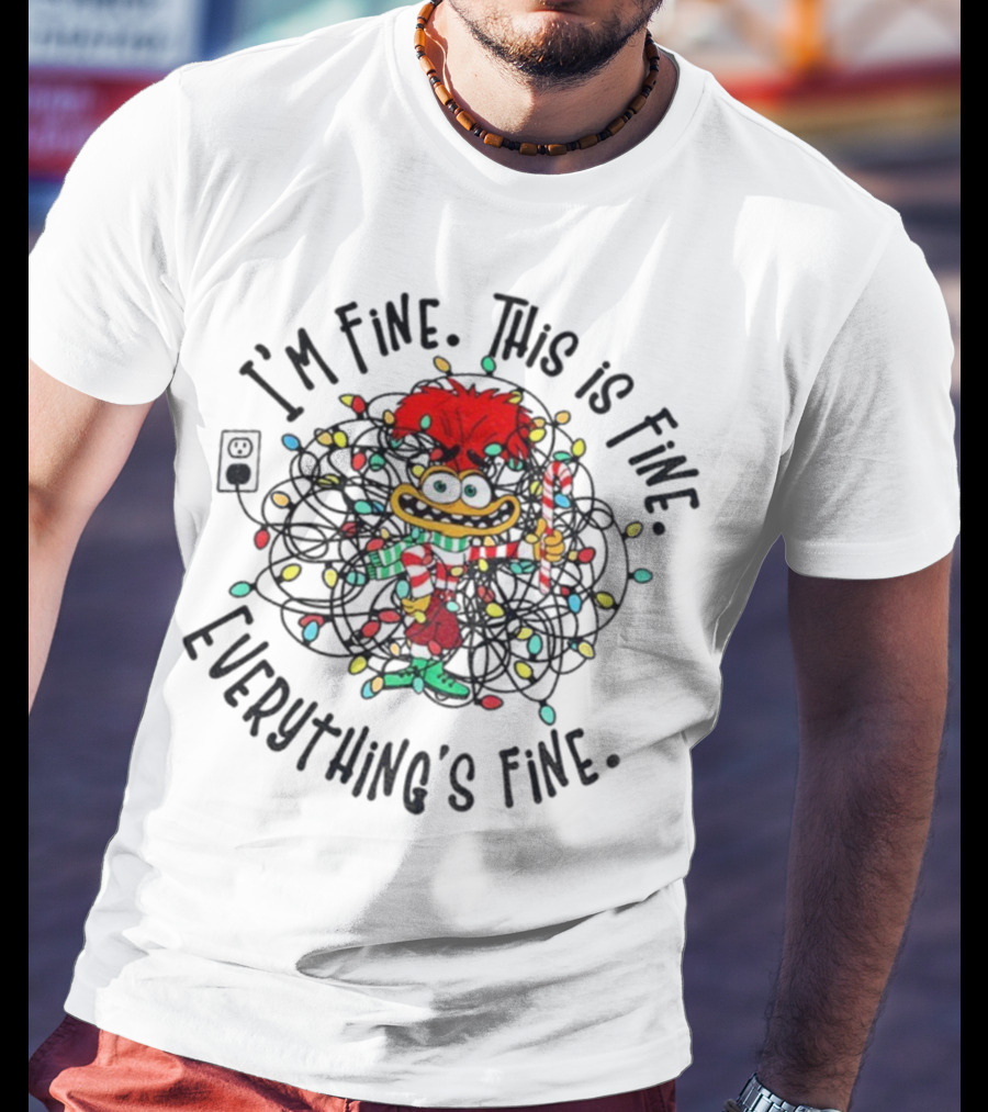 I'm Fine This Is Fine Everything's Fine Anxiety Inside Out 2 Holiday Lights Candy Cane T-Shirt