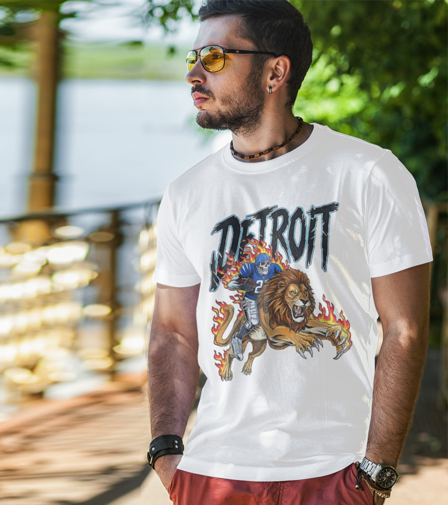 Detroit Lions Vintage Skeleton Riding Flaming Lion Football Game Day T-Shirt