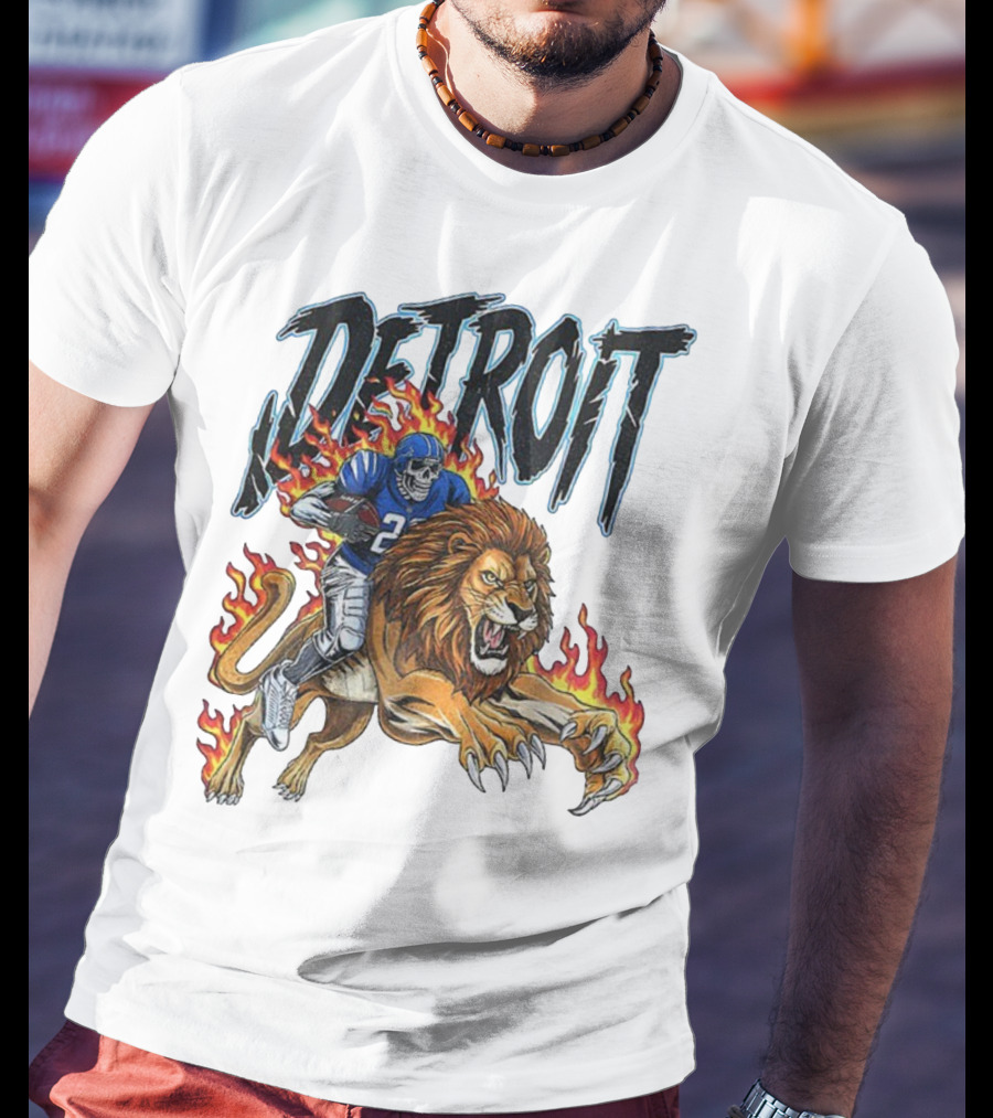 Detroit Lions Vintage Skeleton Riding Flaming Lion Football Game Day T-Shirt