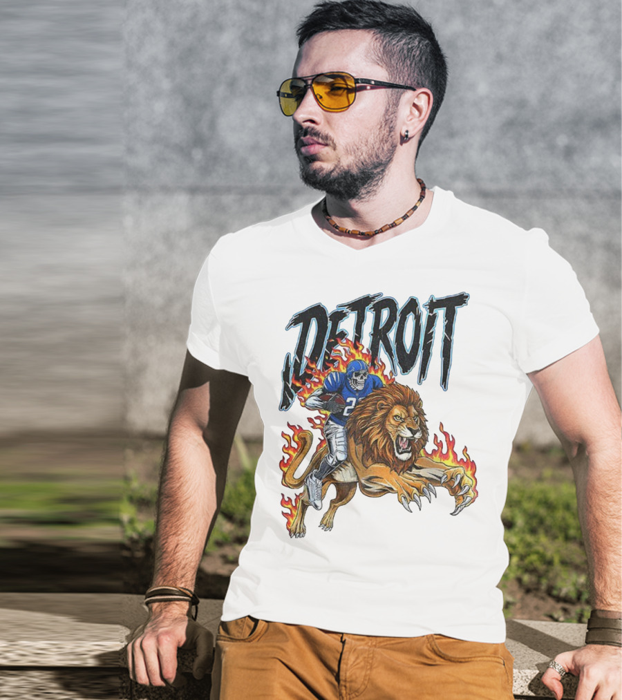 Detroit Lions Vintage Skeleton Riding Flaming Lion Football Game Day T-Shirt