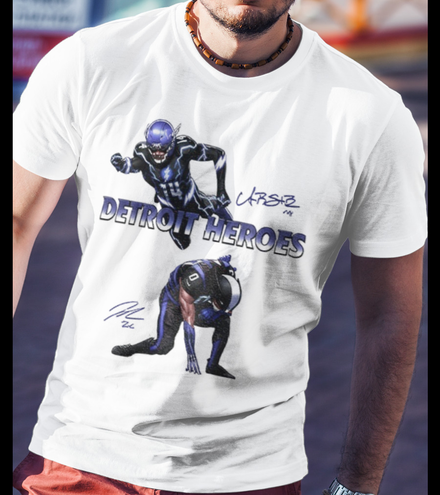 Jahmyr Gibbs Amon Ra St Brown Detroit Heroes 2025 Signature T-Shirt