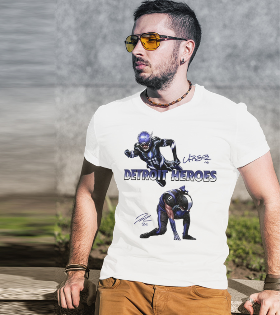 Jahmyr Gibbs Amon Ra St Brown Detroit Heroes 2025 Signature T-Shirt