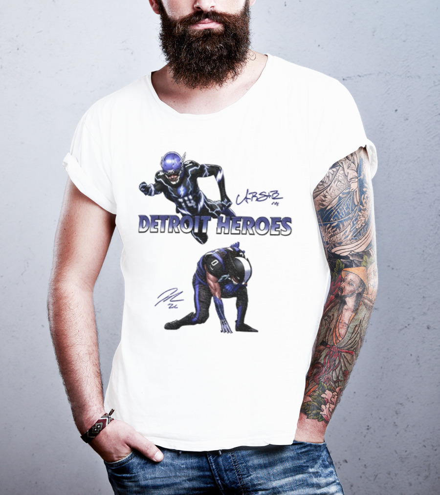 Jahmyr Gibbs Amon Ra St Brown Detroit Heroes 2025 Signature T-Shirt