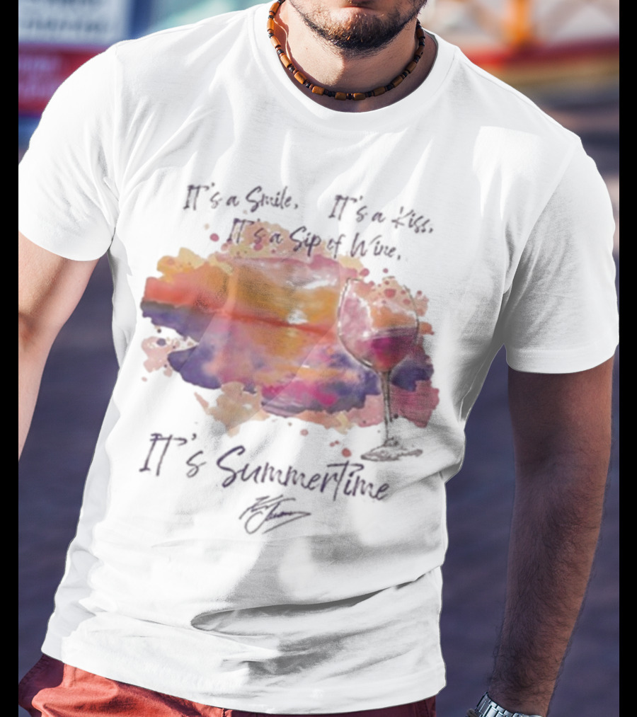 Kenny Chesney It's A Smile It's A Lie It's A Sip Of Wine It's Summertime Flowy Sunset Wine Glass T-Shirt