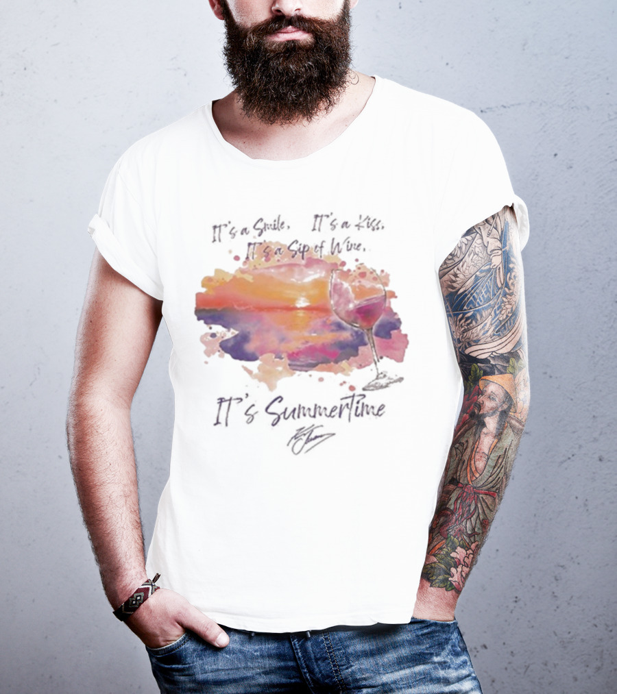 Kenny Chesney It's A Smile It's A Lie It's A Sip Of Wine It's Summertime Flowy Sunset Wine Glass T-Shirt
