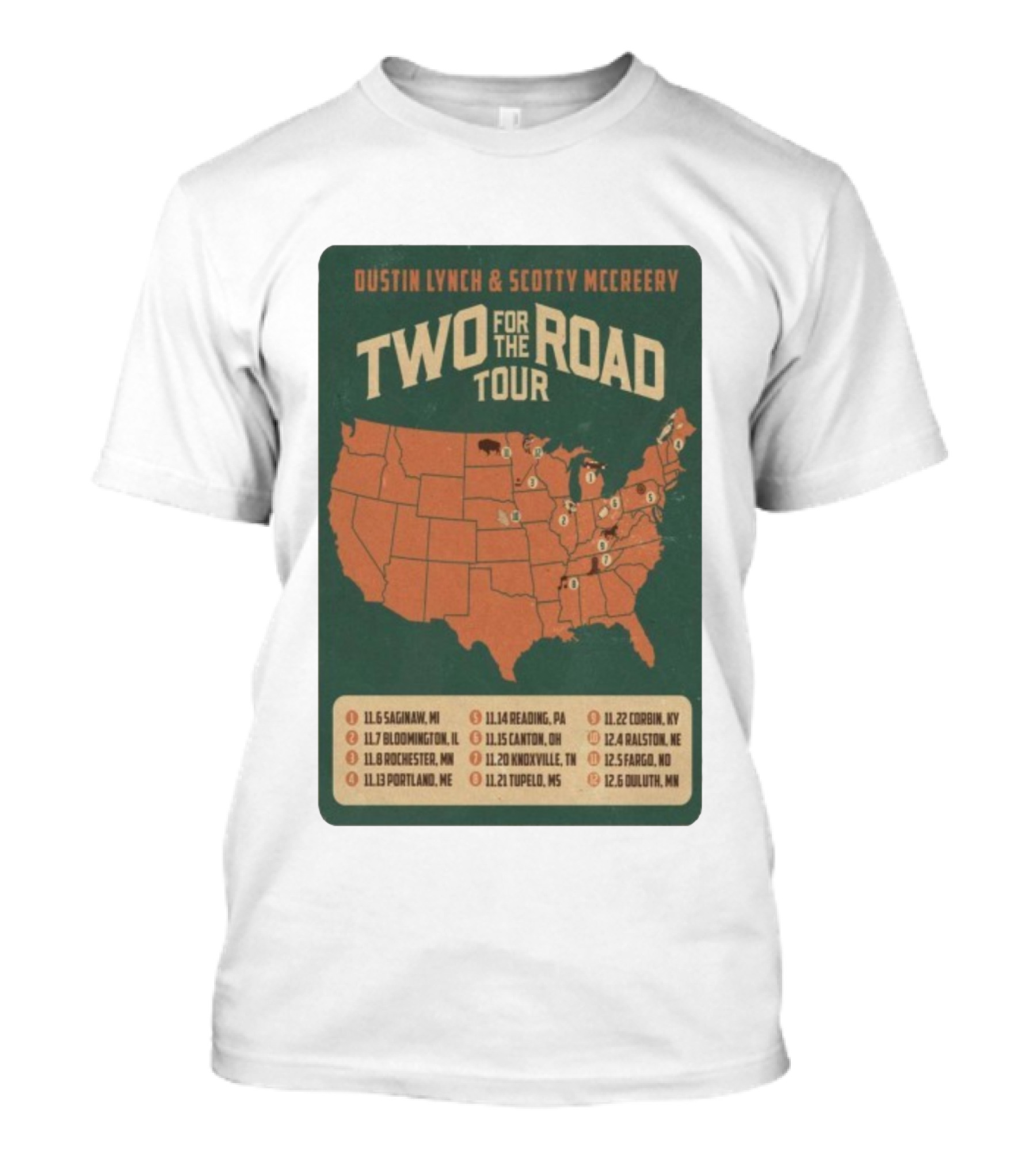 Dustin Lynch Scotty McCreery Two For The Road Tour 2025 US Map And Dates T-Shirt